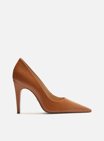 Scarpin Marrom Couro Salto Alto Bico Fino