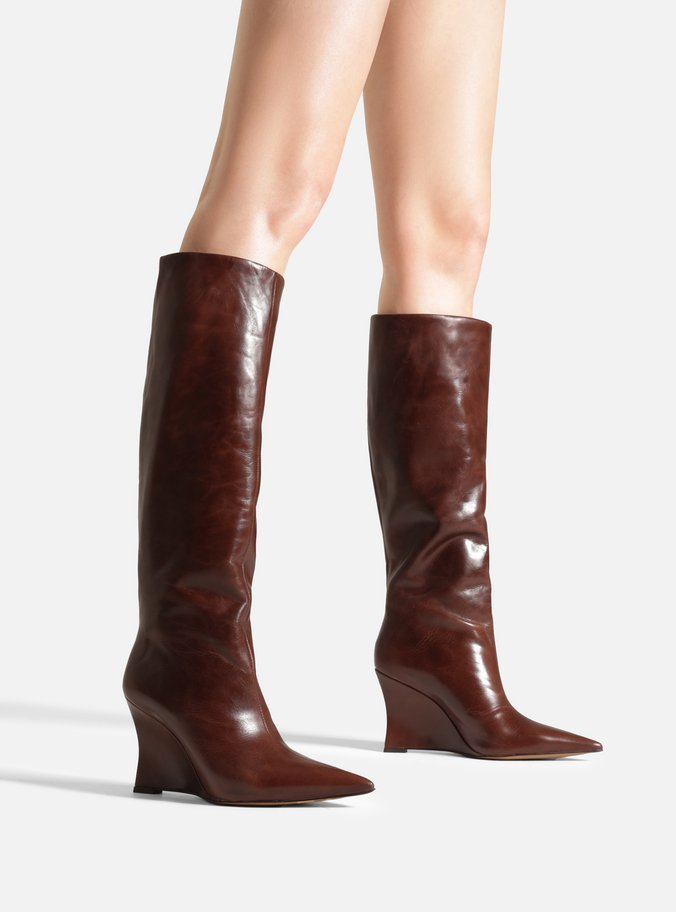 Bota Marrom Couro Cano Alto Salto Anabela