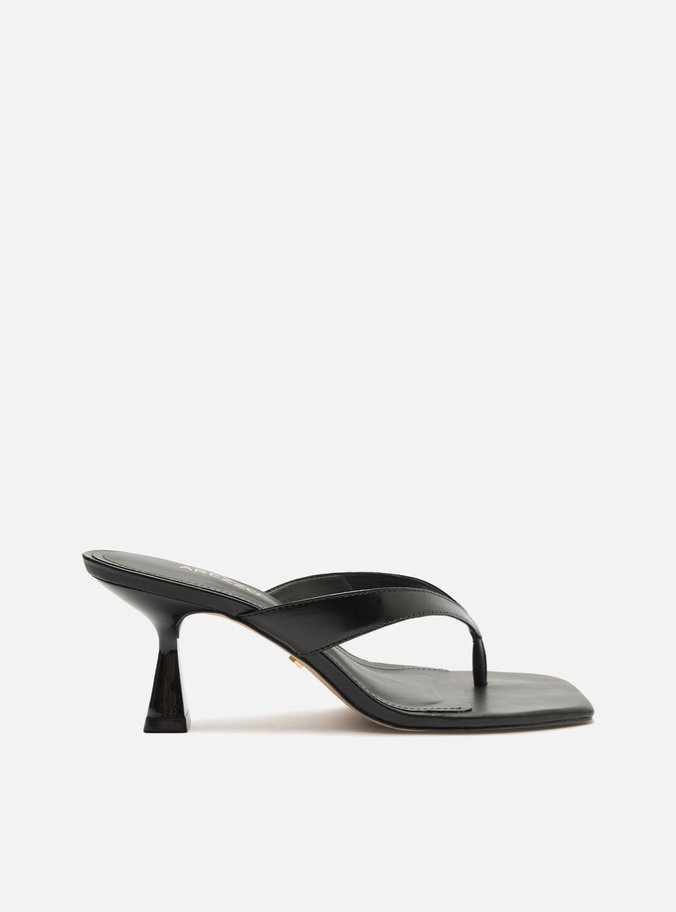 Tamanco Preto Couro Salto Fino Flip Flop