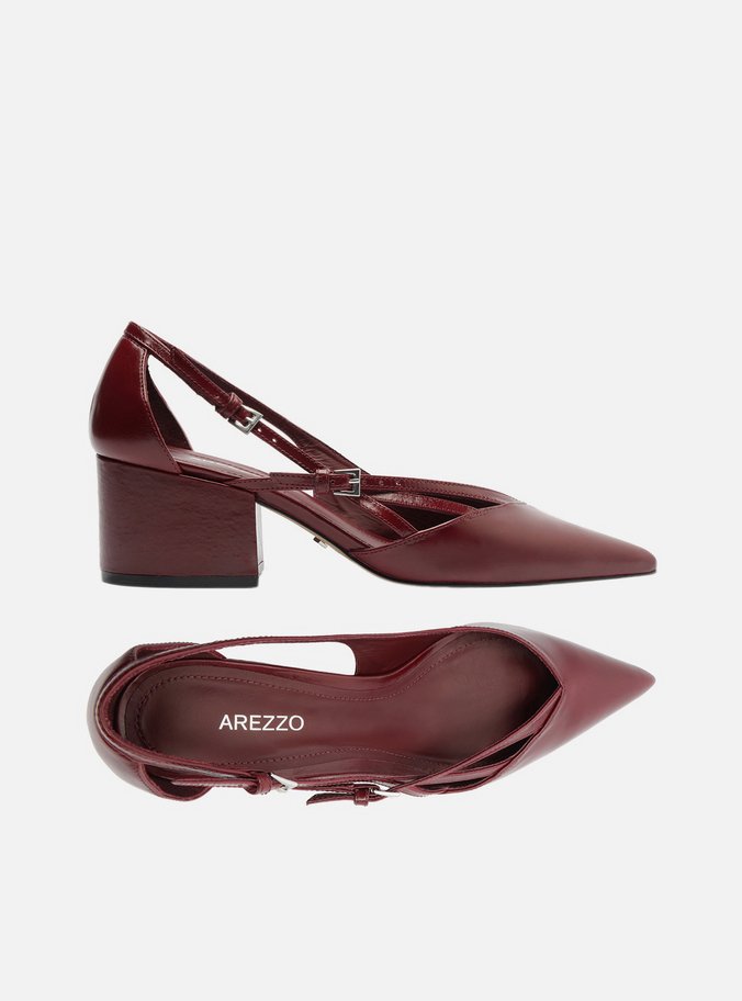 Scarpin Vermelho Couro Bloco Semi Aberto Fivelas