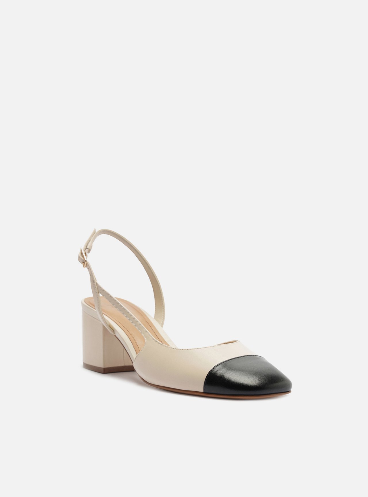 Scarpin Branco Couro Bloco Slingback Cap Toe Preto — foto 2