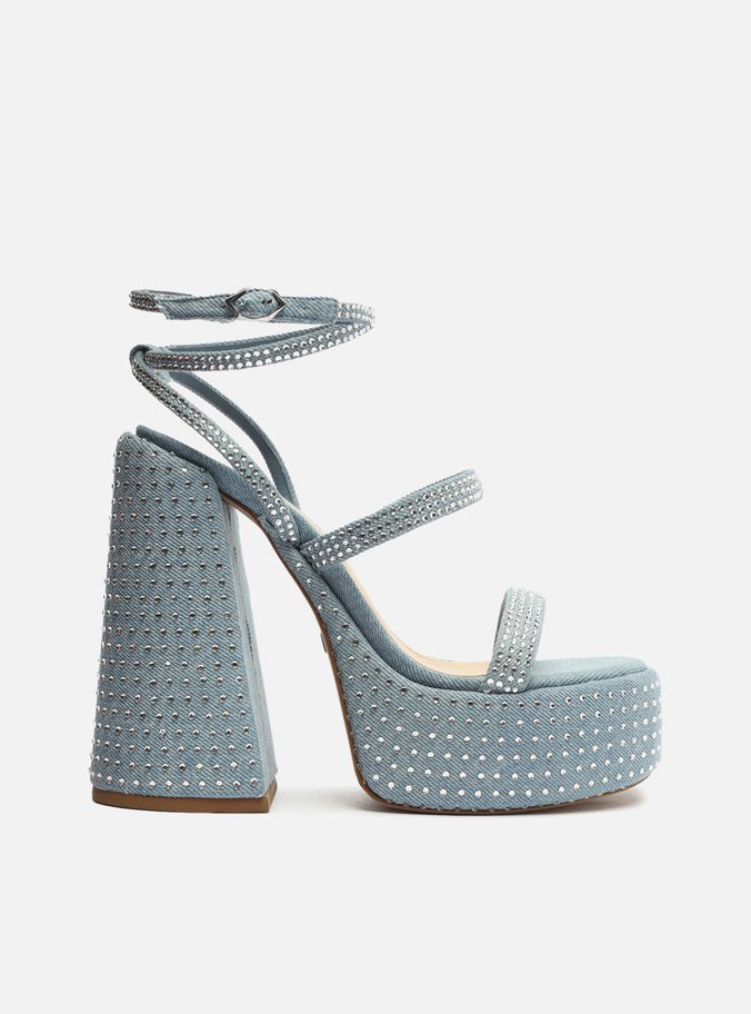 Sandália Azul Jeans Plataforma Strass