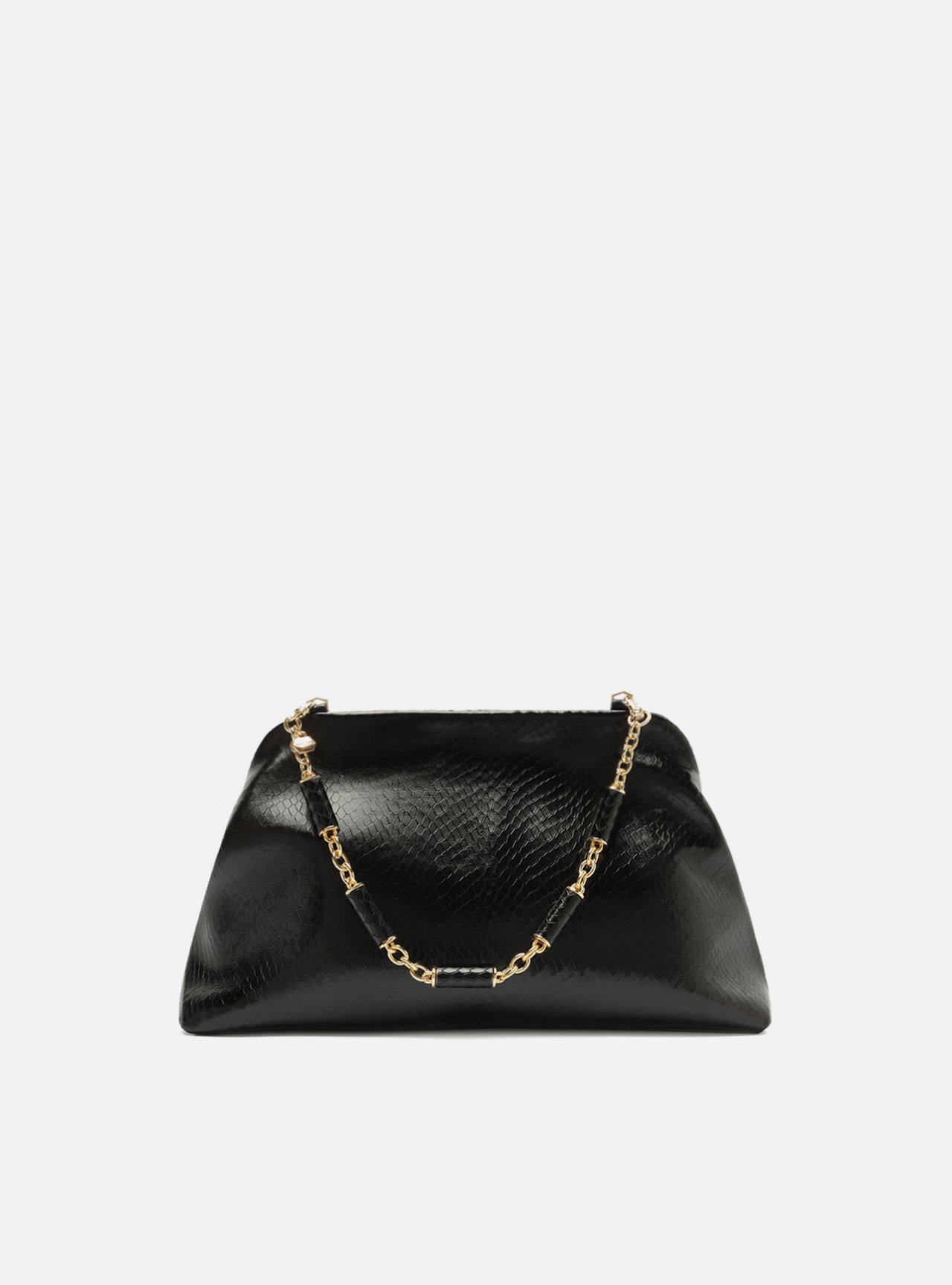 Bolsa Clutch Preta Couro Média Snake Corrente — foto 1