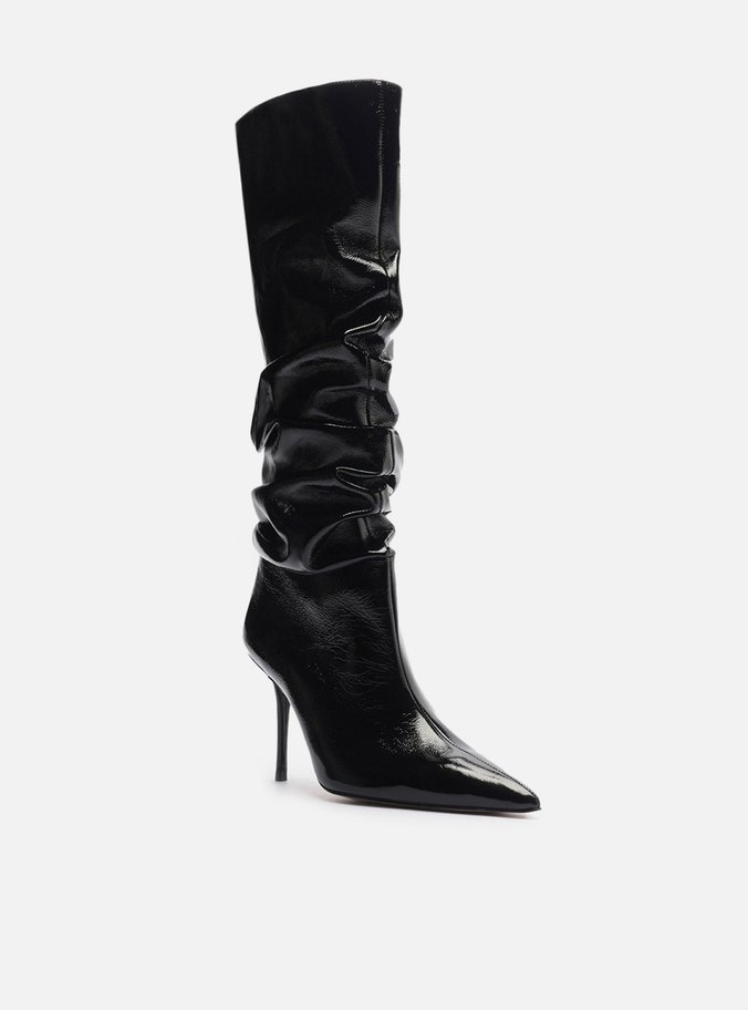 Bota Preta Couro Crinkle Cano Longo Salto Alto Slouch