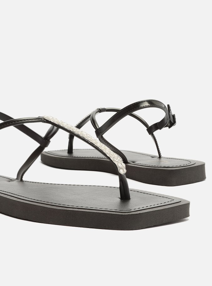 Sandália Rasteira Preta Slim Strass Square Brizza