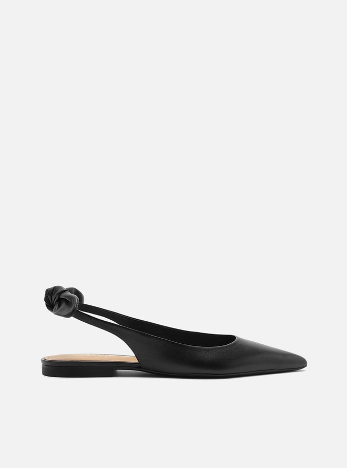 Sapatilha Preta Couro Bico Fino Slingback Laço