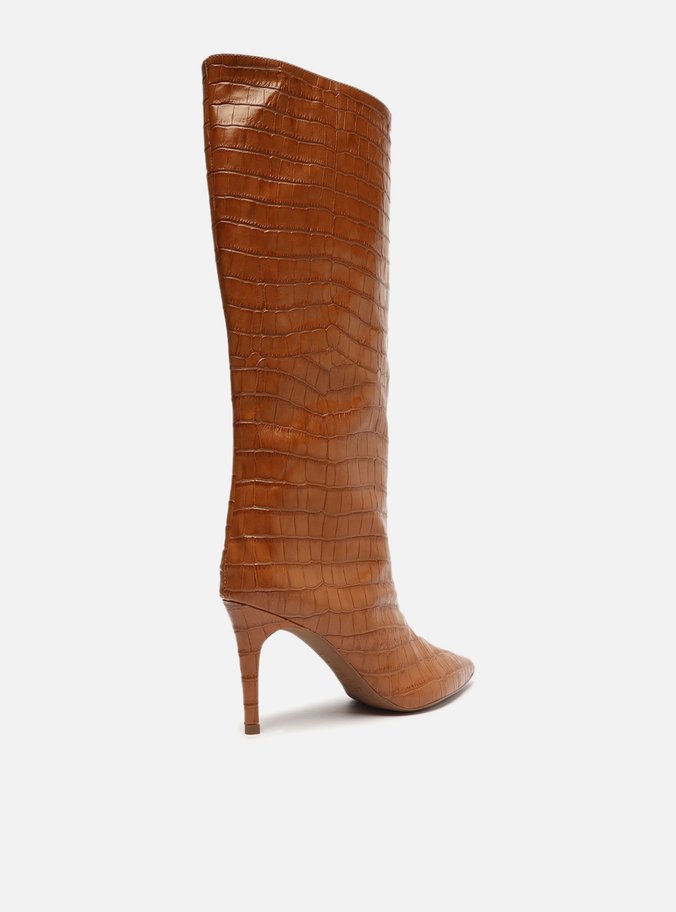 Bota Marrom Croco Cano Longo Salto Fino