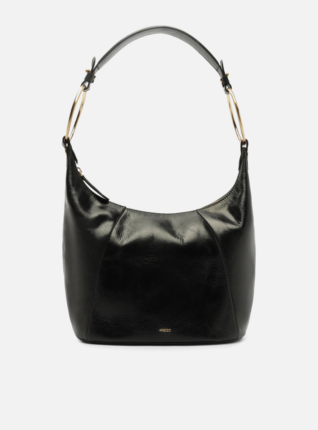 Bolsa Shoulder Preta Couro Média Argolas Alça — foto 1