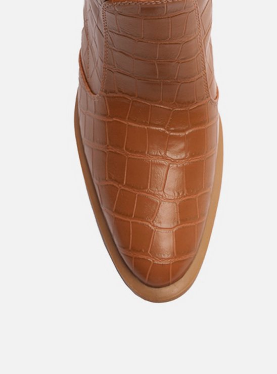 Bota Marrom Croco Cano Médio Salto Bloco