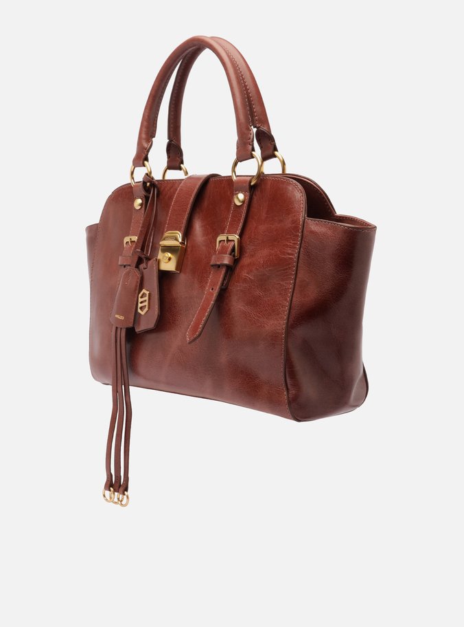 Bolsa Tote Marrom Couro Estonado Média Metal