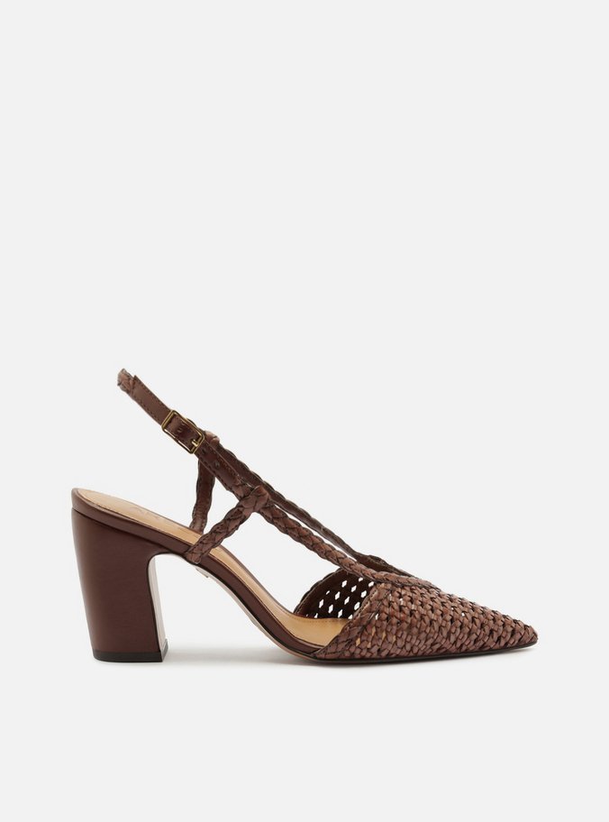 Scarpin Marrom Trançado Salto Médio Bloco Slingback