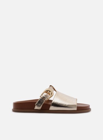 Arezzo — Sandália Papete Slide Dourada Couro Fivela