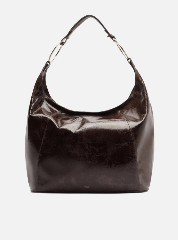 Bolsa Hobo Marrom Couro Grande Argolas Alça