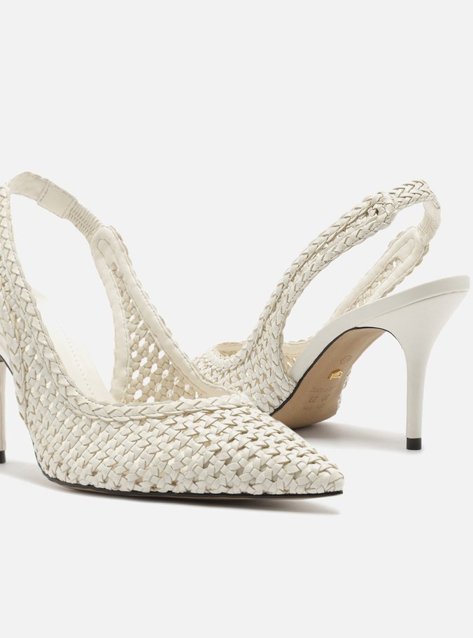Scarpin Branco Tressê Bico Fino Slingback