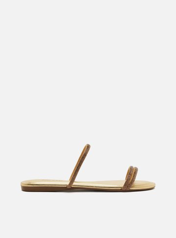 Rasteira Dourada Bico Redondo Tiras Strass