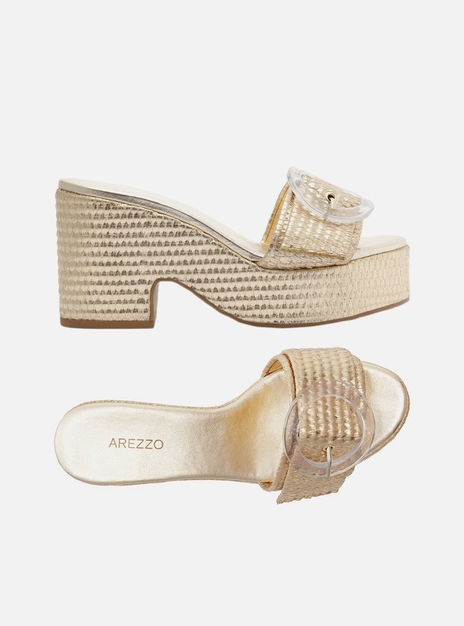Tamanco Dourado Textura Plataforma Tira Fivela