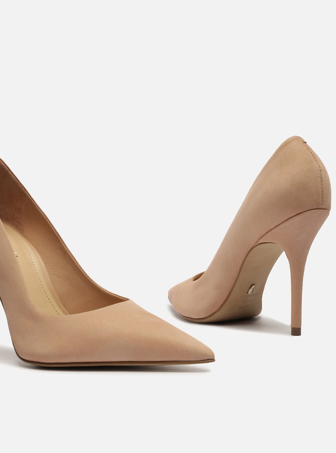 Scarpin Nude Nobuck Salto Alto Fino Bico Fino