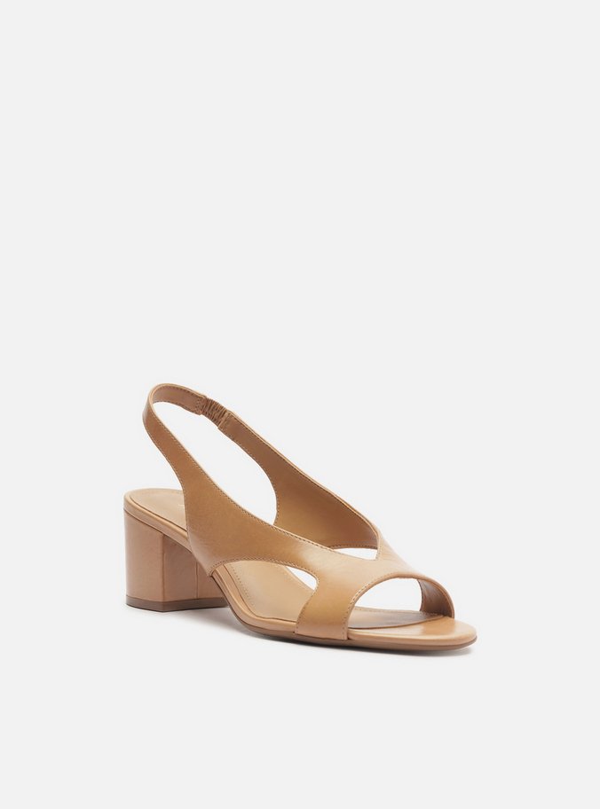 Sandália Nude Couro Bloco Tira Larga Slingback