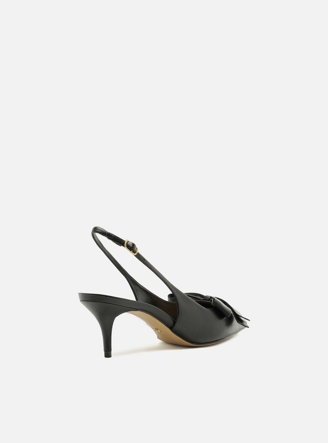 Scarpin Preto Couro Slingback Laço Lateral