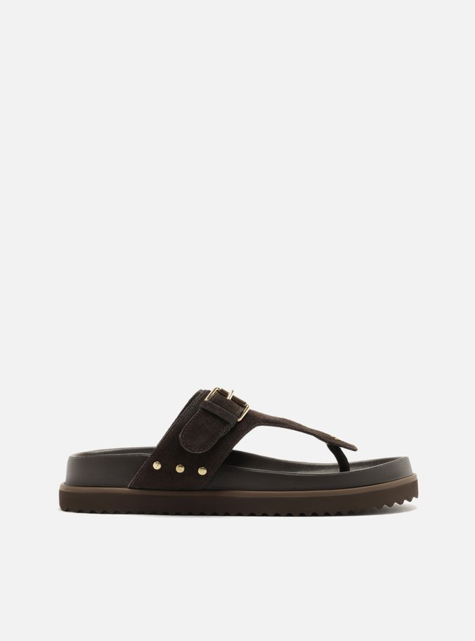 Sandália Papete Marrom Suede Tira Fivela
