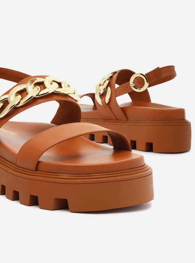 Sandália Marrom Couro Flatform Tratorada Corrente
