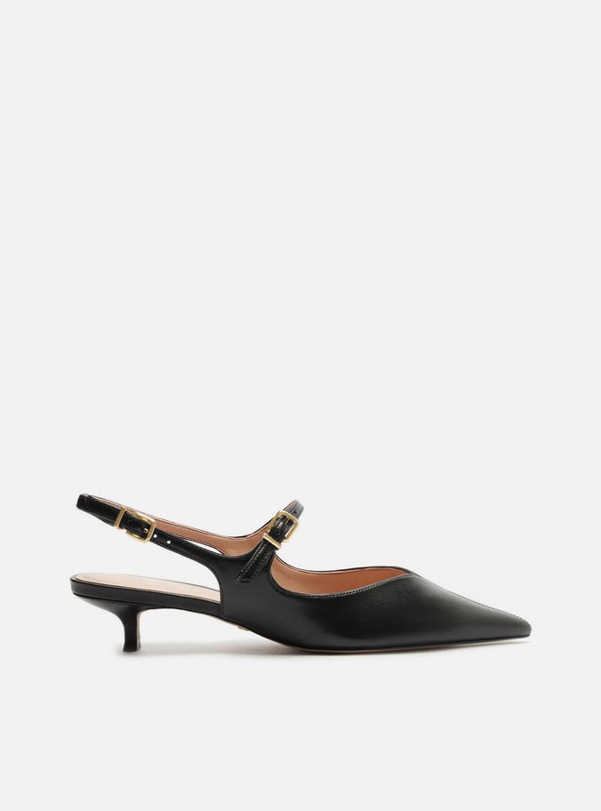 Sapato Boneca Preto Couro Bico Fino Slingback