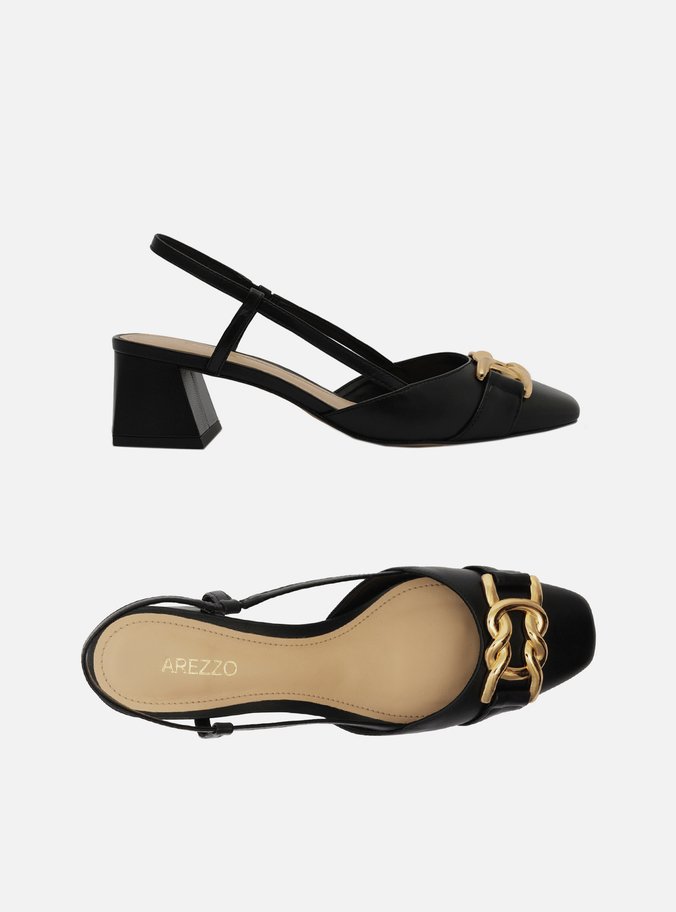 Scarpin Preto Couro Bico Quadrado Aberto Metal