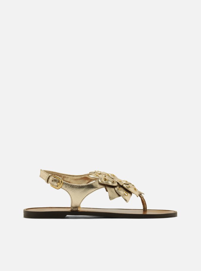 Sandália Rasteira Dourada Couro Slim Flor