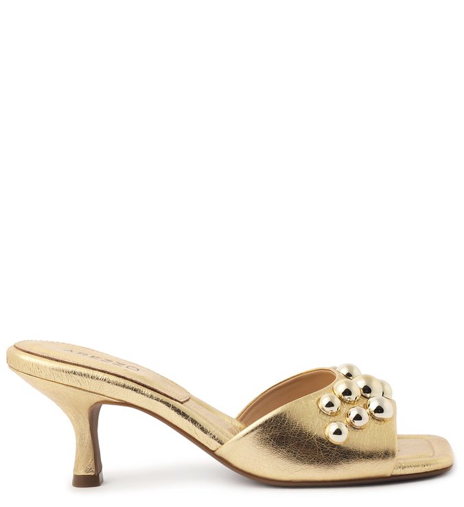 Mule Dourada Couro Salto Fino Tachas Vivien