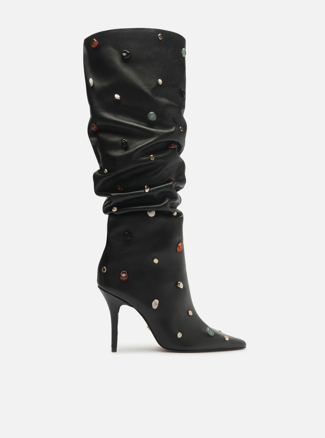 Bota Preta Couro Salto Fino Slouchy Pedras — foto 2