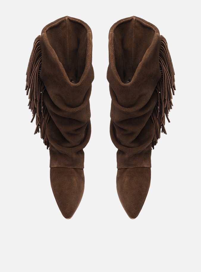 Bota Marrom Suede Cano Alto Bloco Franjas