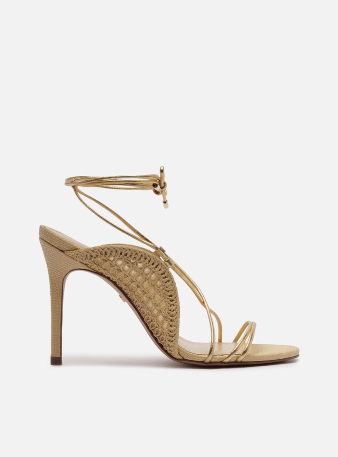 Sandália Dourada Salto Alto Tiras Finas Bordado