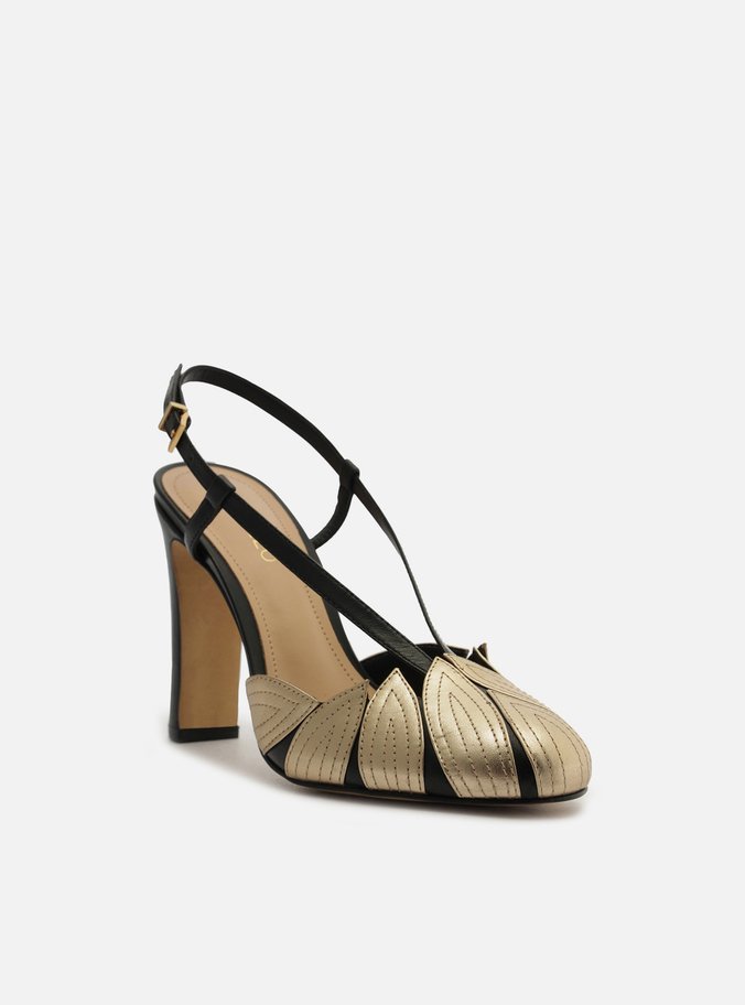 Scarpin Preto Couro Salto Médio Folhas Douradas