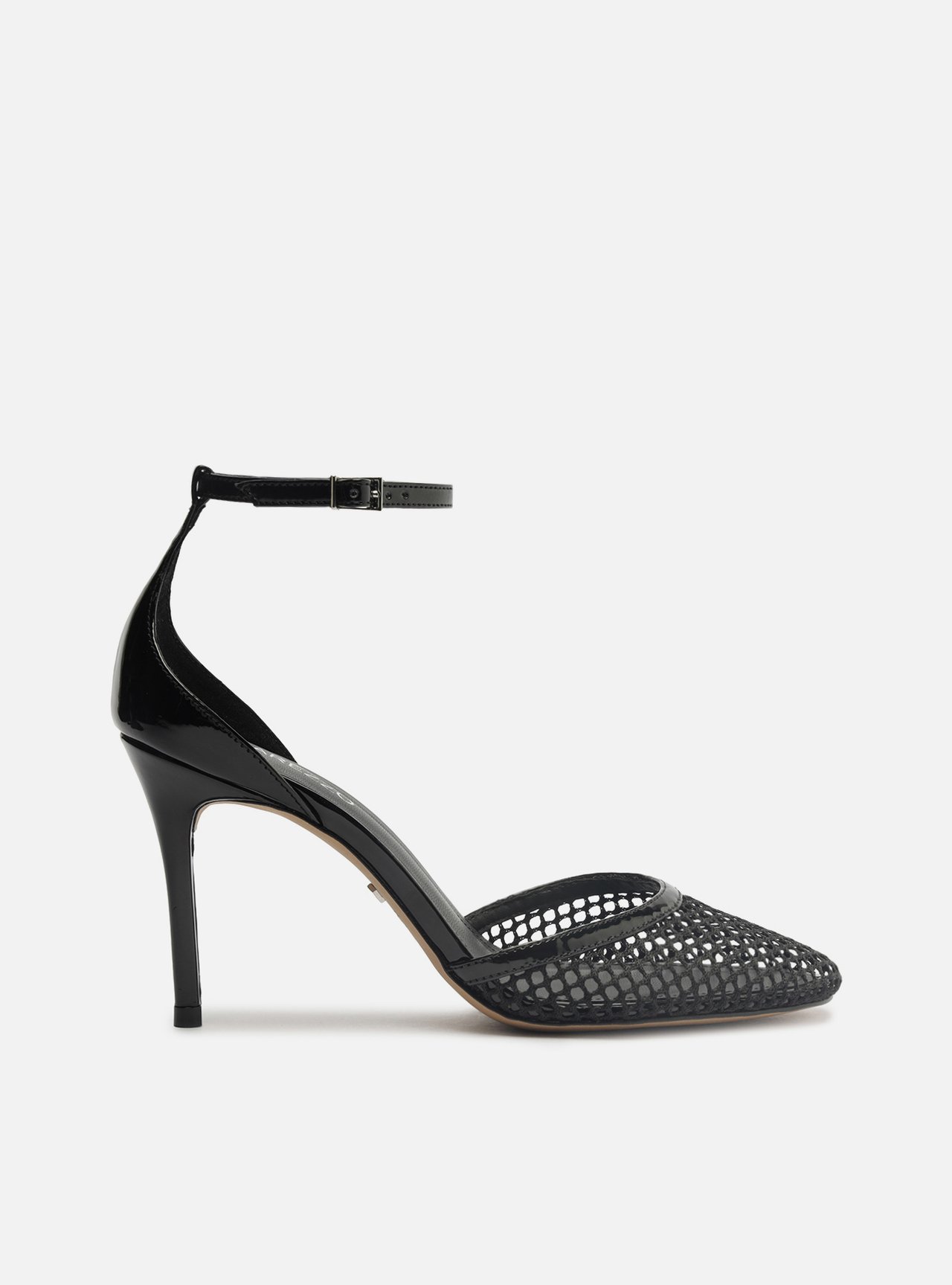 Scarpin Preto Salto Alto Fino Aberto Tela — foto 1