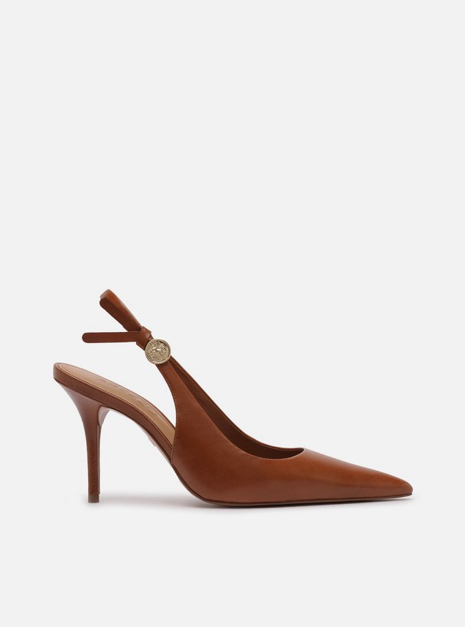Scarpin Marrom Couro Salto Alto Slingback Metal Heritage
