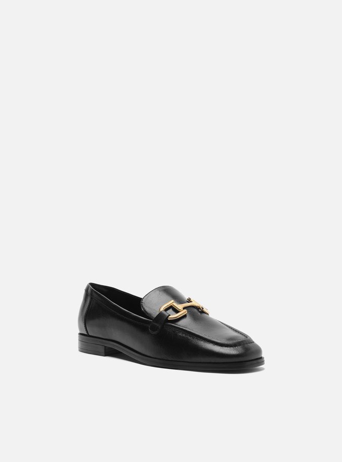 Mocassim Preto Couro Rasteiro Bridão Metálico