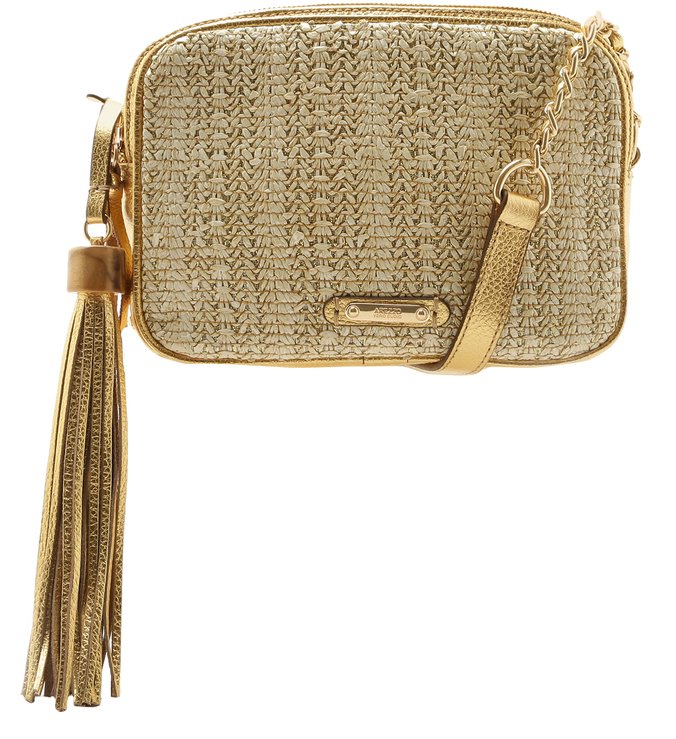 Bolsa Tiracolo Tecido Tramado Gisele Média Natural e New Golden