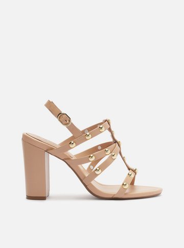 Arezzo — Sandália Nude Couro Salto Bloco Studs