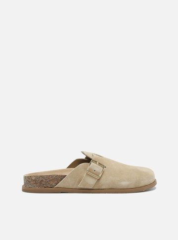 Clog Sabot Nude Camurça Rasteira Fivela