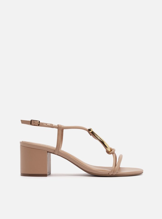 Sandália Nude Salto Bloco Metais