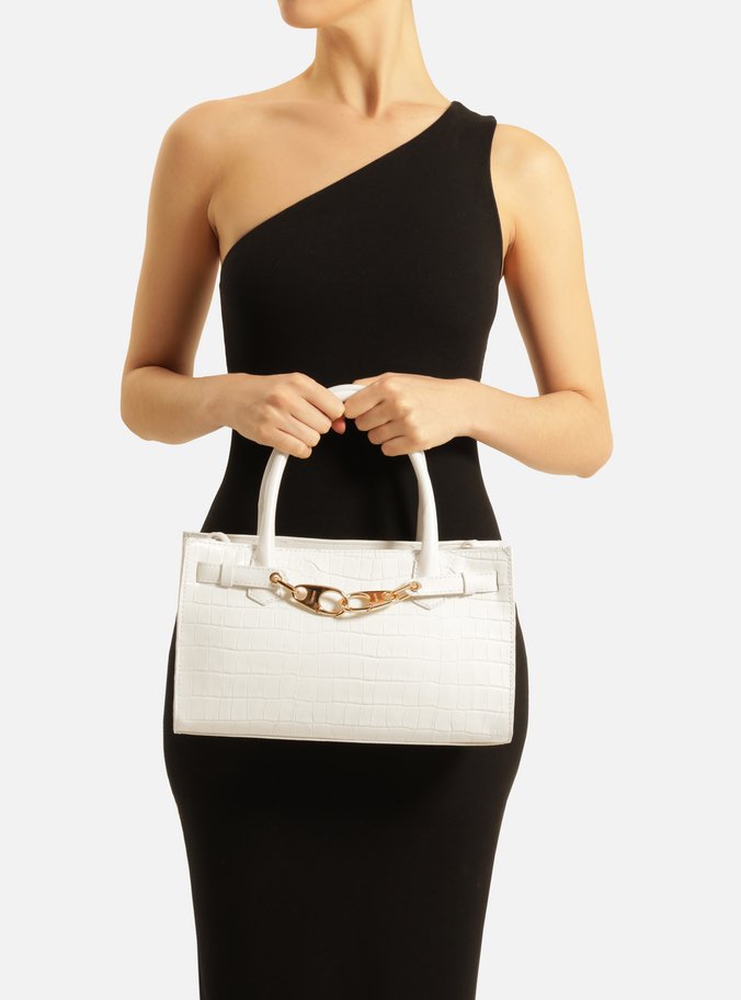 Bolsa Tote Branca Couro Croco Grande Ganchos