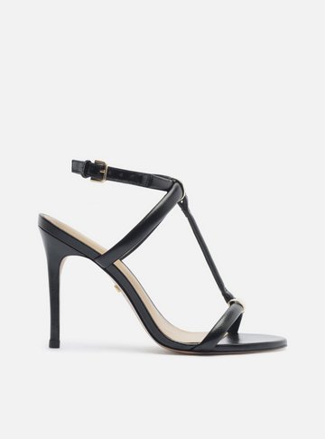 Sandália Preta Salto Alto Fino Elos Metálicos