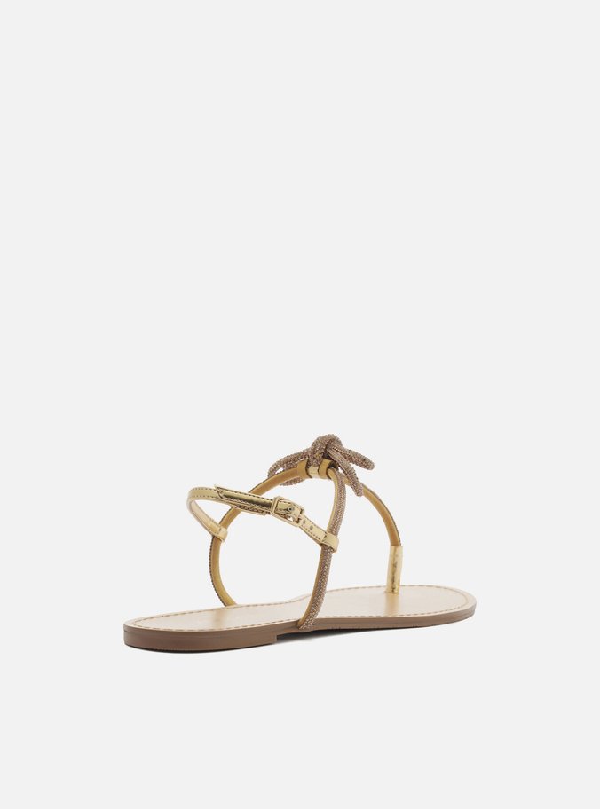 Sandália Rasteira Dourada Slim Laço Strass