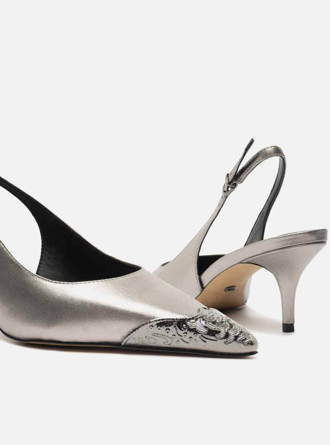 Scarpin Prata Couro Bico Fino Slingback Biqueira