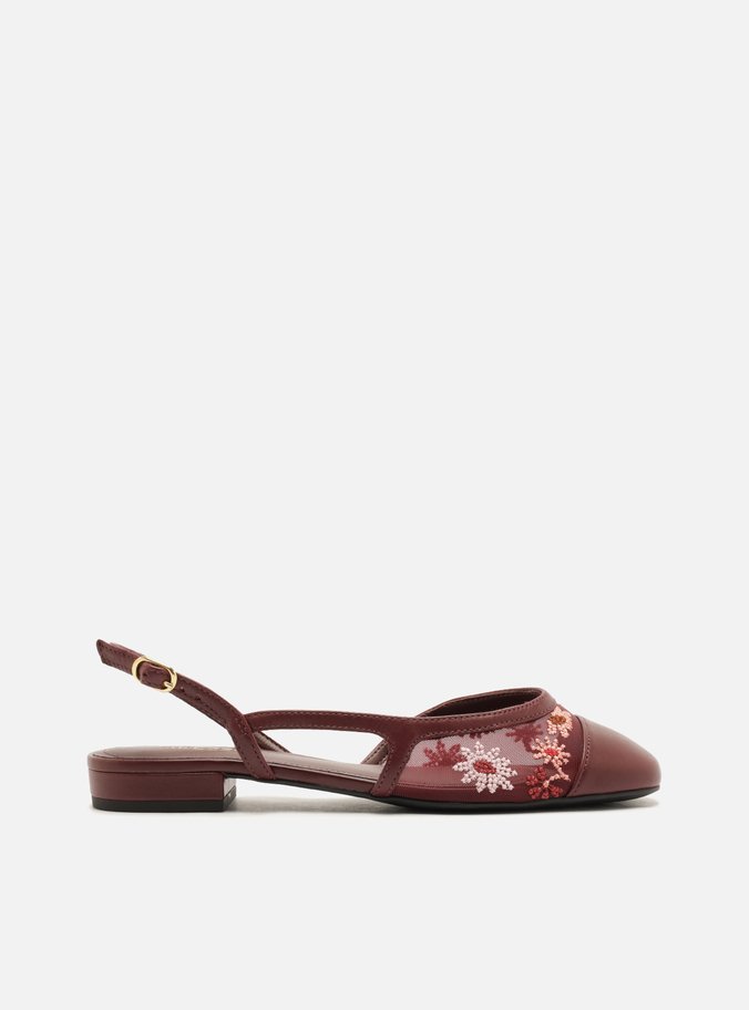 Sapatilha Bordô Slingback Flores Bordadas