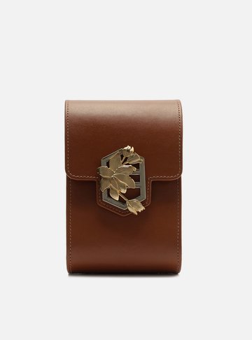 Mini Bag Marrom Couro Porta-Celular Metal Flor