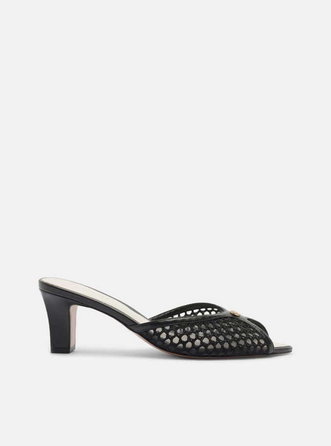 Mule Preta Salto Bloco Baixo Peep Toe