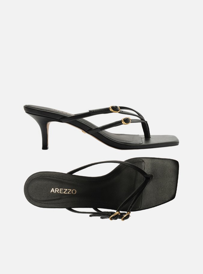 Tamanco Preta Couro Bico Quadrado Flip Flop