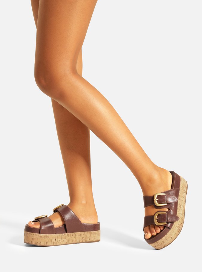 Sandália Marrom Dark Couro Flatform Cortiça Fivelas