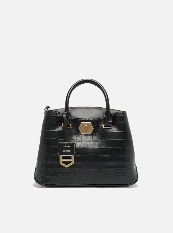 Bolsa Tote Preta Couro Média Croco Charm
